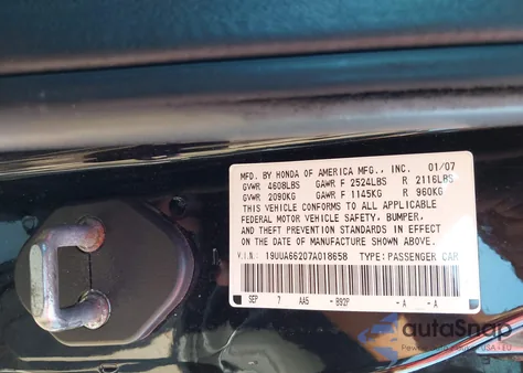 2007 Acura Tl 3.2 из США, поврежденный, VIN 19UUA66207A018658